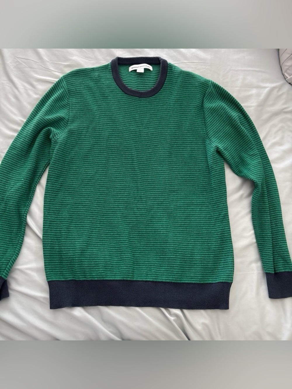 Amazon Essentials Green Striped Crewneck Sweater with Navy Trim